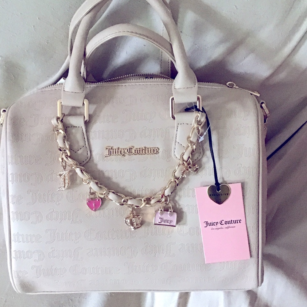 NWT Juicy Couture Beige Satchel Bag with Charms Gold Accents